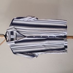 Zara men navy blue and white striped button up short sleeve top sz medium